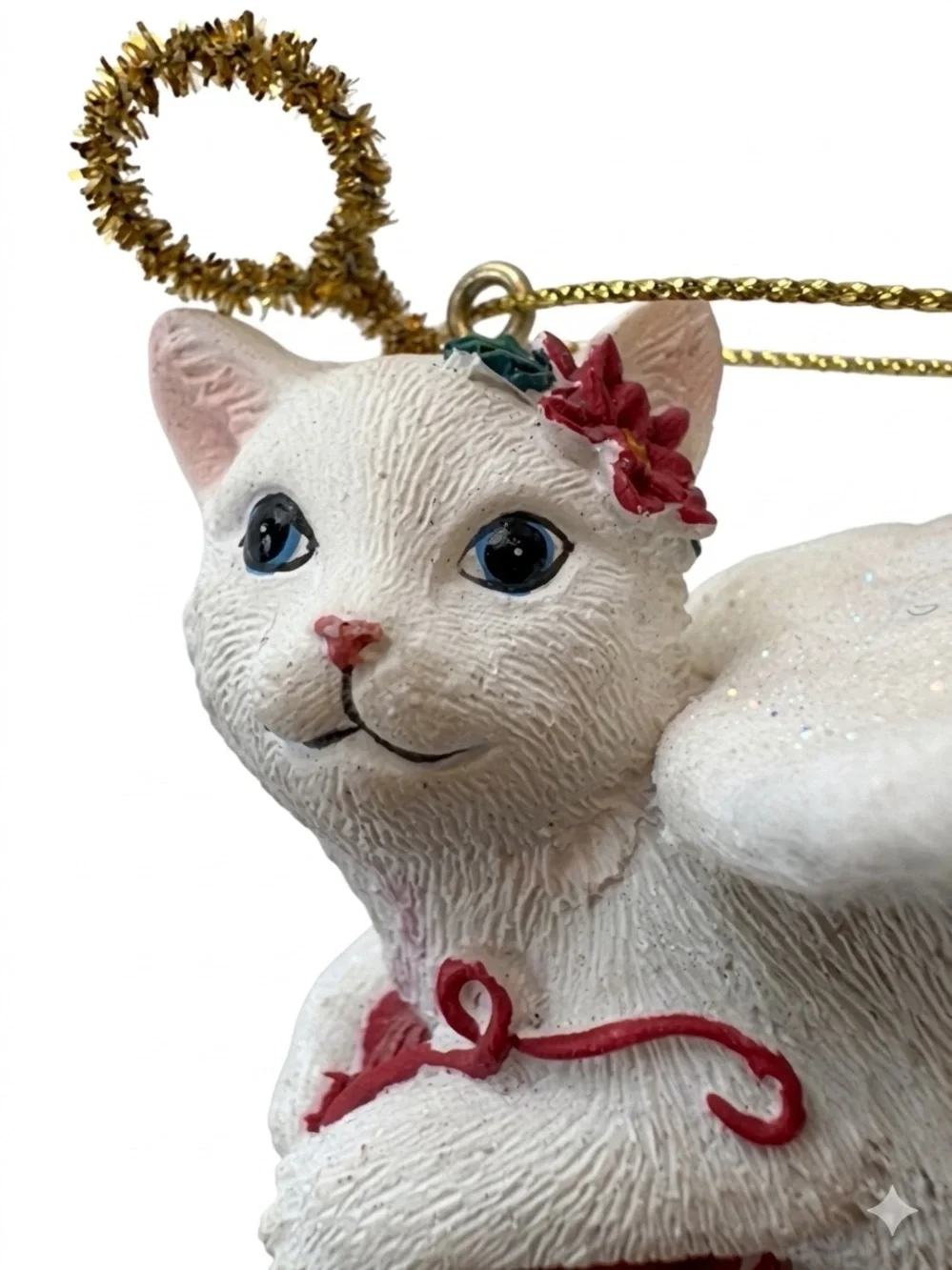 Vintage White Cat with Wings Red Ball of Yarn Ceramic Christmas Ornament 3”